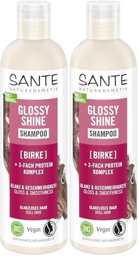 SANTE Naturkosmetik Champú Glossy Shine con extracto de hoja de abedul orgánico + complejo de proteínas triple para el cuidado del cabello vegano e hidratante para un brillo y suavidad, con delicado
