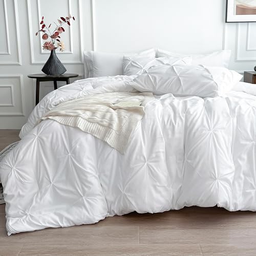 Maple&Stone Twin XL Comforter Set, 5 Pieces Twin XL Bedding Set, Pinch Pleat Bed in a Bag Twin XL with Comforter, Sheets, Pillowcase & Sham - White