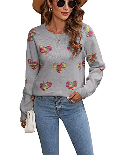 Drvitor Cute Heart Sweaters for Women Long Sleeve Crew Neck Casual Sweater Fashion Ribbing Knitted Pullover (37 Grey,Small)