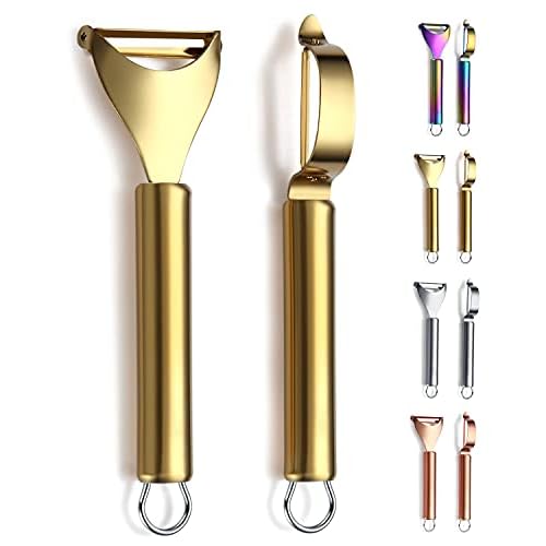 Gold Potato Vegetable And Fruit Peelers For Kitchen, Kyraton Titanium Gold Plating Stainless Steel Peelers,Sharp Blade And Ergonomic Non Slip Easy To Grip Set Of 2