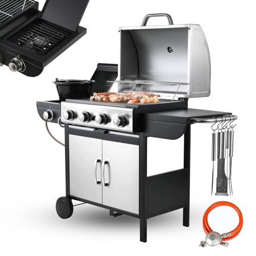 TLSUNNY 4+1 Brenner Gasgrill aus Edelstahl, Master mit Seitenkochfeld,BBQ Grillwagen Gas mit 2 pcs Rad,Hochleistungsbrenner, Impulszünd, mit Thermometer,Große Grillfläche,Grillküche,4*/2.93KW + 2.33KW