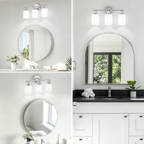 Image of 3-Light Chrome Vanity Lights for Mirror, Bathroom Light Fixtures with Textured Milky White Glass Shade, Modern Kitchen Light Fixtures Wall Sconce Light