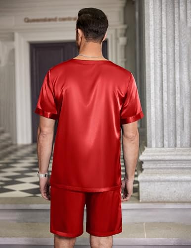 Image of Ekouaer Mens Pajamas Set Silk Satin Pjs Sets Summer Short Sleeve Button Down Sleepwear 2 Piece Loungewear with Pockets