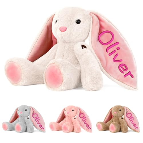 Personalized Plush Bunny with Embroideried Name Custom Toddler Stuffed Rabbit Doll Kids Stuffed Animal Bunny Plush Toys Personalized Baby Girls Boys Newborn Gifts for First Birthday Easter