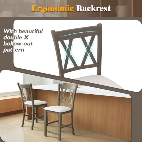 Juego de 2 taburetes de bar de madera Giantex, altura de mostrador de 24 pulgadas, con respaldo cruzado y asiento tapizado en tela de lino, estilo moderno y rústico para isla de cocina, bar en casa y comedor, gris y blanco miniatura 5