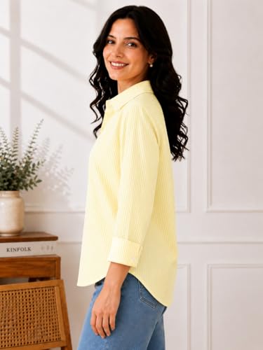Image of Cotton Striped Shirt for Women with Long Sleeves, Ultra-Soft Cotton Blend, Regular Fit Womens Stylish Casual Shirt, Formal, Party, Beach, Summer Wear