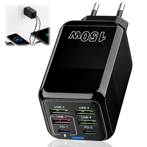Chargeur USB Multiple Rapide 150W 6 Ports (2 USB-C PD + 4 USB-A QC 3.0) Prise USB c Adaptateur pour iPhone 17 16 15 14 13 Pro Max Compatible avec iPad Huawei...