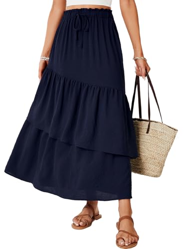 Vrtige Women's Summer Elastic High Waist A Line Flowy Asymmetrical Ruffle Maxi Long Skirts