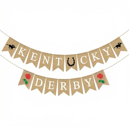 Adurself Burlap Kentucky Derby Banner Decorations Rustic Horse Racing Party Banner with Horseshoe & Rose Pre-Strung Kentucky Derby Party Decor for Derby Day Party Horse Race Theme Home Wall Mantel Decor