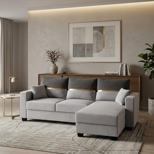 Image of Furny Arvea 4 Seater Fabric RHS L Shape Sofa Set (Light Grey-Dark Grey) | Soft Velvet Fabric | Modern Design | Comfortable Seating | Living Room Furniture