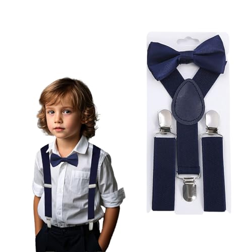 CXNXFD Kinder Hosenträger Fliege Set, Kinder-Hosenträger mit Elastischer Y-Form Verstellbar mit Clips (Blau)