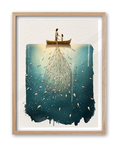 Image of iHery Natural OAK Wood Jireh Christian Framed Wall Art, 12x16 in Jesus Christ Bible Verses Canvas Painting Art, Beige Logs Miraculous Catch of Fish 1Pack Faith Decor for Living Room Bedroom