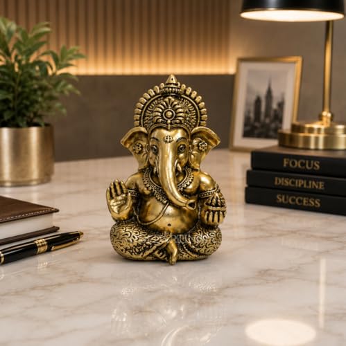 Image of Gold Art India Lord Ganesha 24K Gold Plated Idol | Antique Matte Finish | Premium Peacock Green Velvet Gift Box | Ganesh Murti for Home Temple, Office Desk & Car Dashboard | Luxury Spiritual Gift