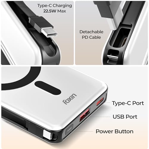 Image of Foxin Mag One Wireless 10000mAh Fast Charging Power Bank with Metal Stand | USB Type C Input & Output, 22.5W Portable Charger for iPhone 12 & Above, Android & Qi Enabled Devices | Pearl White