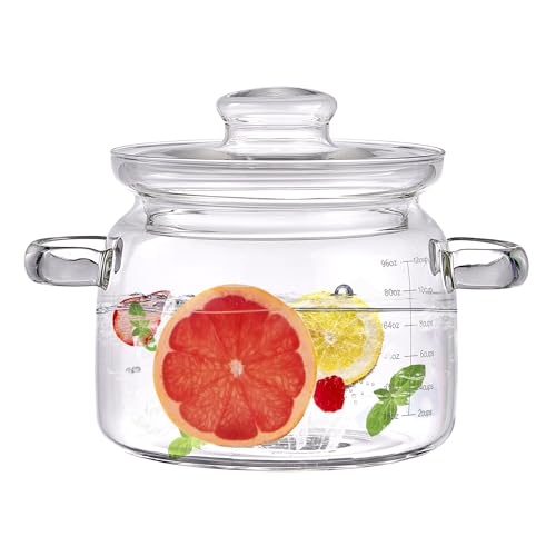 3L(96oz) Glass Simmer Cooking Pot with Lid,Handmade Borosilicate Glass Stockpot with Graduations - Glass Saucepan with Cover for Cooking and Serving
