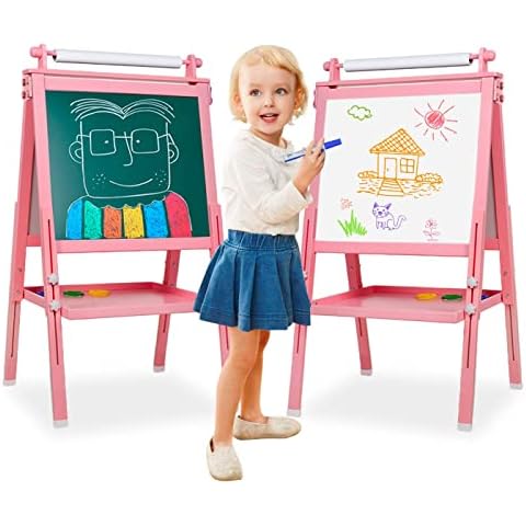 Easel for Kids, 3 in 1 Kids Easel Double-Sided Whiteboard & Chalkboard Drawing Board with Drawing Axis & Paper Roll, Numbers, Paint Cups for Toddlers and Kids (Pink) Cover
