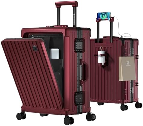 （08:30時点） [Redamancy] スーツケース 機内持ち込み 【CA監修×日本企画】 多機能 フロントオープン キャリーケース ストッパー付き 携帯スタンド USBポート付き カップホルダー付き 隠しフック機能 超軽量 耐衝撃 静音 360度回転 ダブルキャスター アルミフレーム PC材質 大容量 TSAロック搭載 旅行 ビジネス 出張 （1-3泊 20インチ 42L ワインレッド）