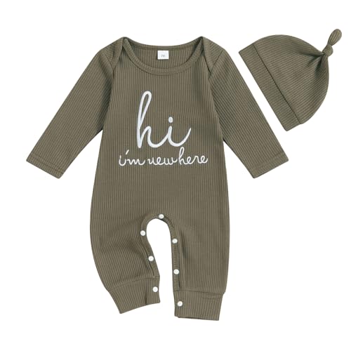 SAYOO Newborn Baby Boy Girl Romper I'm New Here Embroidery Letter Jumpsuit Coming Home Outfits Fall Gender Neutral Clothes