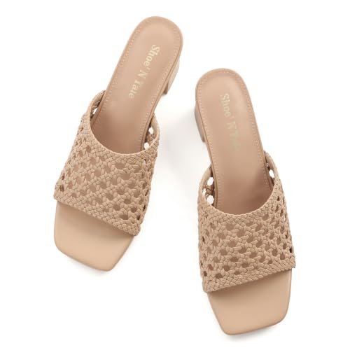 Shoe'N Tale Heeled Sandals For Women Square Open Toe Heeled Mules Chunky Block Low Heel Slip On Slides (6.5, Nude Crochet) by Shoe'N Tale - Used condition - Image 6