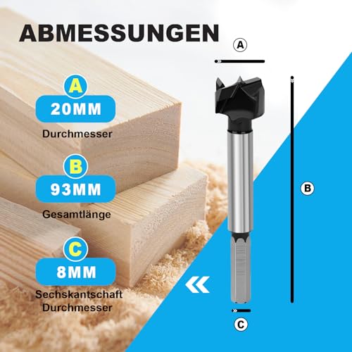 2tlg Forstnerbohrer 20mm,Holzbohrer 93mm Länge mit Sechskantschaft für tiefe Bohrungen für Holz,Hartholz, Weichholz
