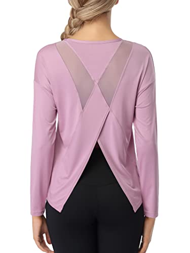 Attraco Women's Long Sleeve Athletic Shirts Loose Fit Tie Mesh Back Yoga T-Shirt Pink M #TOP2