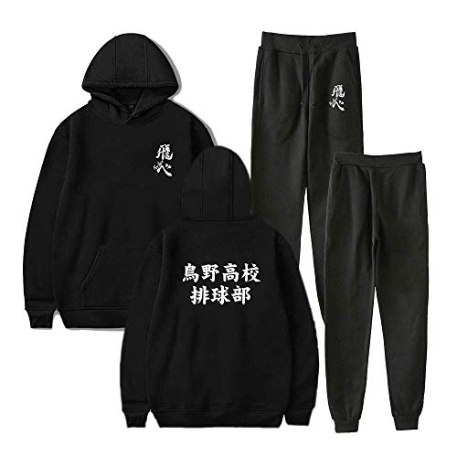 Tomwell Unisexs Hommes Femmes Anime Haikyuu Sweat à Capuche Karasuno High School Costume Volleyball Junior Garçon Imprimé Cosplay À Capuche Set Joggers Lot de 2 Sweat Noir M Cover