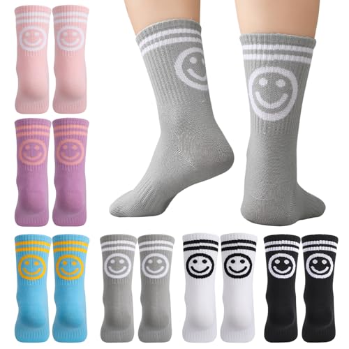 kodinsiivous 6 Paar Tennissocken Damen & Herren 38-42 Sportsocken Baumwollesocken Socken mit Smile Motiv Lustige Crew Socks für Tennis Sport Lauf weiß, schwarz, grau, rosa, blau, lila