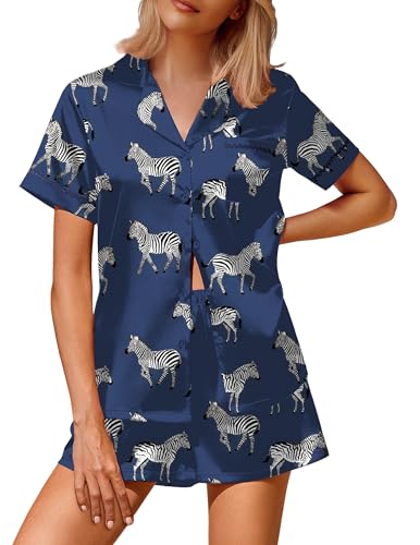 Image of Ekouaer Silk Satin Pajamas 2 Piece Pajamas for Women Set Button Down PJ Short Sleeve and Shorts Pjs Lounge Sets