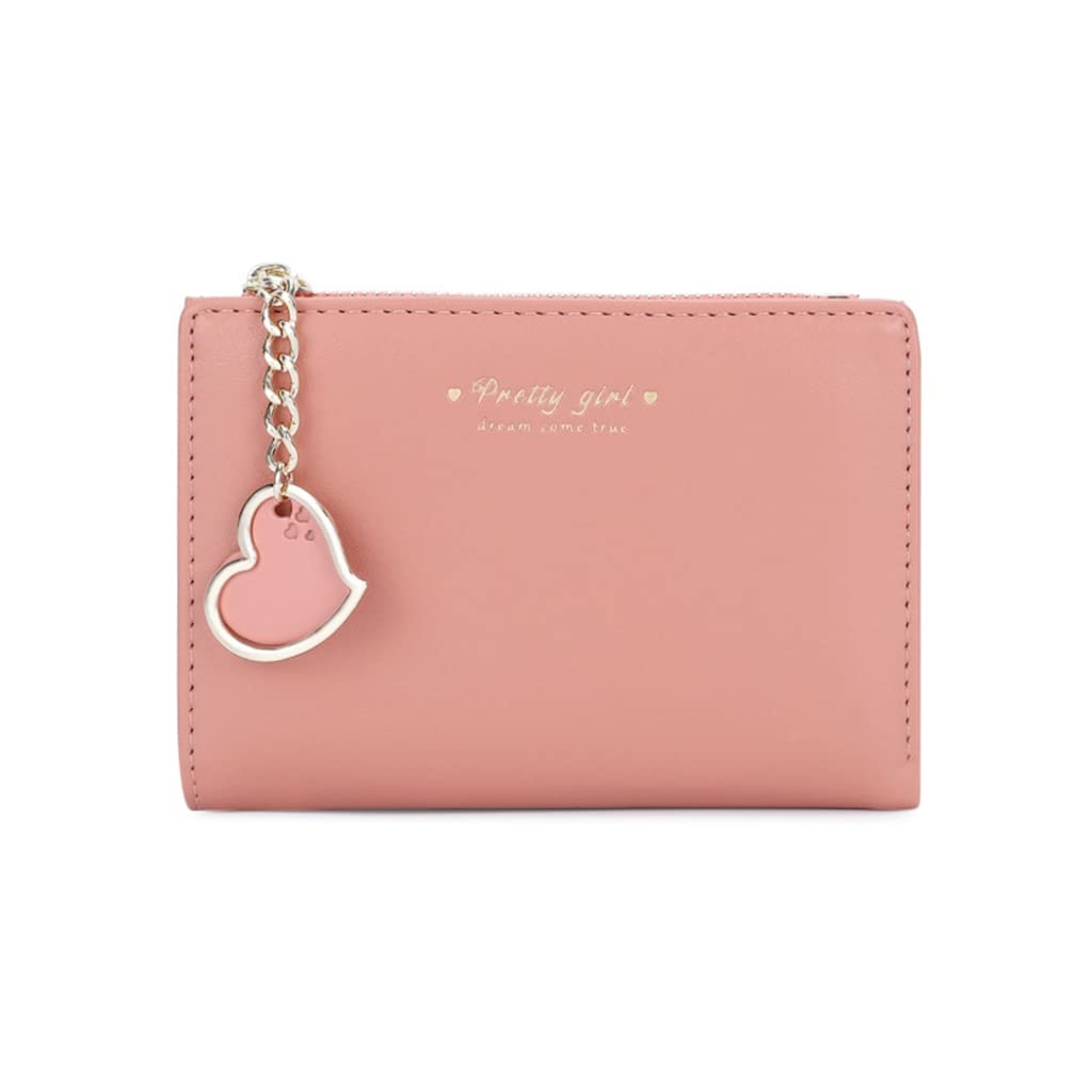 Small Wallet with Heart Pendant Bifold Wallet Zipper Pocket Cash Card Holder Coin Purse for Women Girls (PINK)