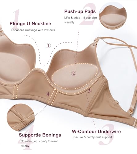 Image of Lemorosy Backless Push Up Bra Low Back Multiway Convertible Deep Plunge Underwire for Support