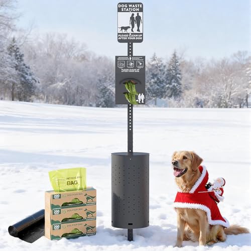 Metateel Dog Waste Station Outdoor, Pet Waste Disposal Station Rustproof Aluminum with 10 Gallon Trash Can, 600 Dog Poop Bags & 50 Liners for Parks, Trails, HOA Communities (Black)