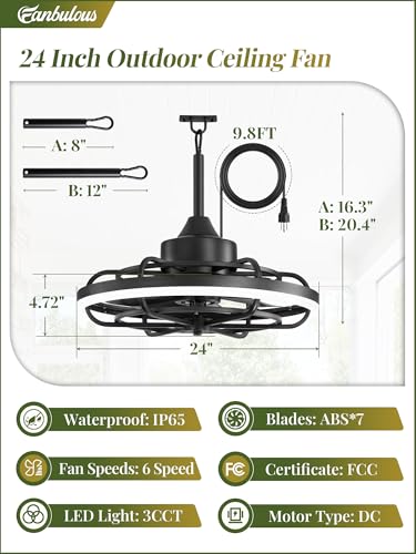 Image of Fanbulous 24 inch Outdoor Ceiling Fan with Light, Waterproof Caged Gazebo Fan | IP65, Weatherproof, Plug in, Remote, APP Control, 3CCT Dimmable, Outdoor Fan with Hanging Hook for Patio, Porch, Pergola