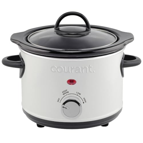 Image of Courant Slow Cooker Mini, Electric Round Ceramic pot, Adjustable Temp, Entrees, Sauces, Stews & Dips, Cool Touch Handles, Dishwasher Safe Glass Lid 1.5 Quart White crock