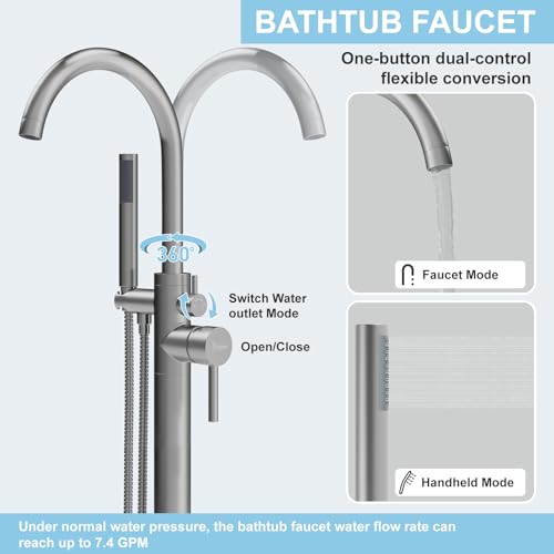 HAWKROWN grifería de bañera independiente, grifo de piso con 2 modos de salida de agua, pico giratorio cuello de cisne con ducha manual, grifo de llenado de bañera de latón con una sola manija, flujo máximo 7.4 GPM, acabado cepillado níquel miniatura 3
