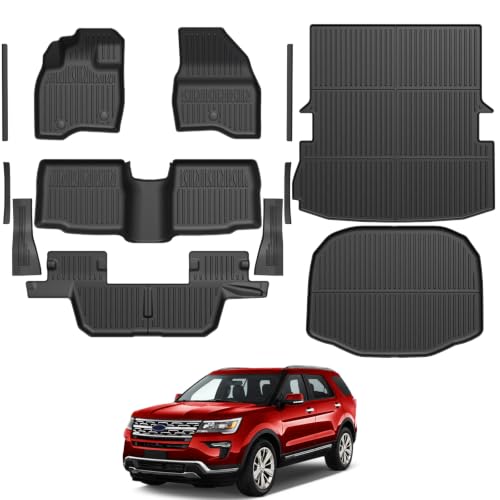 Image of Floor Mats for Ford Explorer 2015-2019, All Weather Floor Mats Trunk Cargo Liner and Door Sill Guards Accessories, Full Coverage Set (Fit 7 Seats)