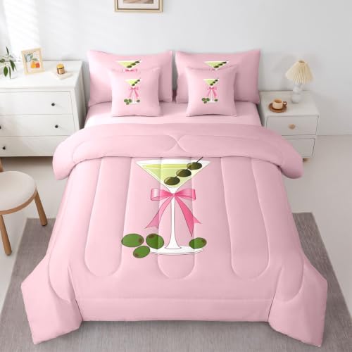 Erosebridal Preppy Bow Bedding Set 7 Pieces,Y2K Cocktail Drink Queen Comforter Set with Sheets Coquette Bows Bed in a Bag for Kids Boys Girls Green Pink Wine Glass Bed Sets
