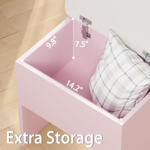 Image of LIKIMIO Small Vanity Desk with Storage Stool and Mirror Lights | Pink compact vanity featuring 3 lighting modes, acharging station, a storage drawer, 3 shelves and padded stool