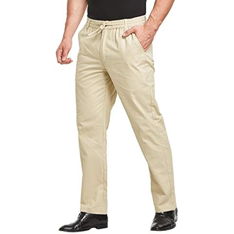 JustSun Mens Casual Chino Trousers Cotton Regular Fit Elastic Waist Khaki 2X-Large Cover