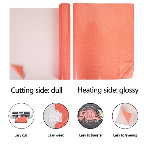 Image of guangyintong Glow Glitter Orange Red Heat Transfer Vinyl HTV Rolls, 12 inch x 8ft Iron on Vinyl for T-Shirts, Glitter HTV Vinyl for All Cutter Machines Easy to Cut & Weed for DIY Design