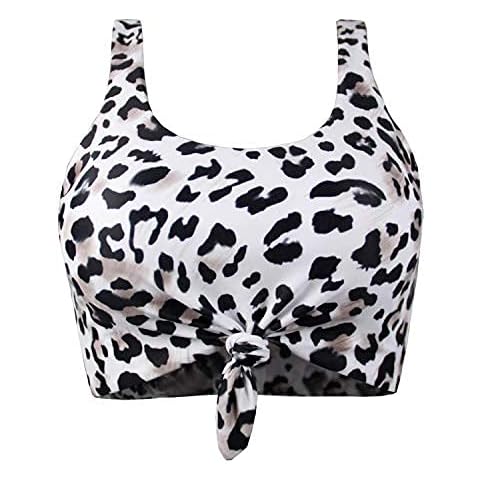 Women's Scoop Neck Tie Knot Front Crop Top High Waisted Bottom Printed Sporty Tankini Swimsuit Bikini Set White Leopard Cover
