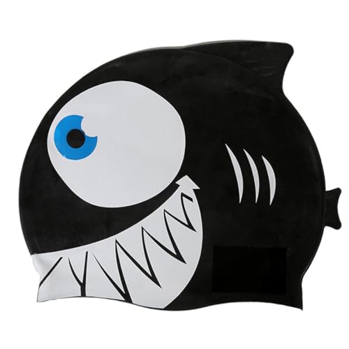 SIRLOMU 1 Stück Wasserdichte Kinder Silikon Elastische Mädchen Badekappe Schwimmmütze Cartoon-Hai-Muster