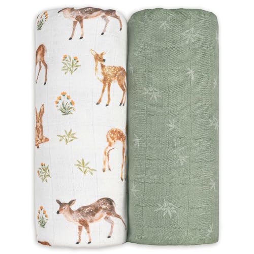 Image of GLLQUEN BABY Muslin Swaddle Blankets Breathable Receiving Blankets (35" x 40") 2-Pack Soft Baby Blankets for Girls and Boys Newborn Essentials Muslin Burp Cloths Swaddle Wrap Baby Gift(Deerling)