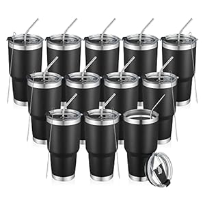 12 pack 30 oz Insulated Travel Coffee Mug With Lids and Straws, Durable Powder Coated Stainless Steel Double Vacuum Tumbler Cup, for Cold & Hot Drinks, Office, Travel,party (black 12 pcs