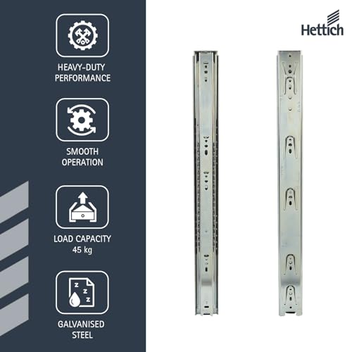 Image of Hettich KA 5632 Telescopic Ball Bearing Drawer Channel 250mm | Zinc Finish (Galvanised Steel) | Full Extension | 45kg Load | Normal Closing | for Home /Kitchen /Wardrobe Drawers | Pack of 2 (4 Pcs)
