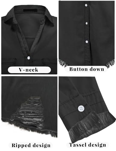 Image of Zilcremo Women Denim Dress Long Sleeve Button Down Jean Shirt | Chambray Casual Tunic Top,Distressed,Fringe Hem,Loose Fit,Mini Length,Country Concert Outfits,Daily Wear,for Spring and Fall