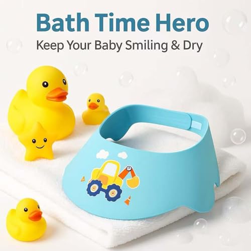 Image of Baby Shower Cap Shield - Adjustable Waterproof Shower Visor for Kids, Soft Baby Hair Washing Shield with Ear Protection, Perfect for Toddlers & Children (Excavator)