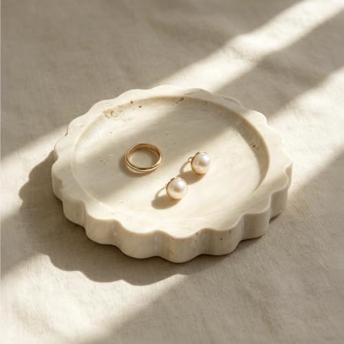 Scalloped Natural Stone Tray, 14cm Handcrafted Travertine and Mar...