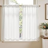 TOPICK Blickdicht Scheibengardinen Küche Weiß Bistrogardine mit Tunnelzug Gardinen mit Waffel Muster Lichtdurchlässig Küchengardinen für Kleine Fenster Verdunkelung Landhaus 2er Set 90Bx115H cm