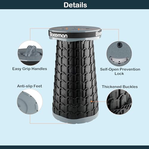 Image of Boreeman 2026 Upgraded Collapsible Stool Lightweight Yet Sturdy with Load Capacity 800lbs Portable Folding Stool for Camping Fishing Hiking BBQ (Grey)