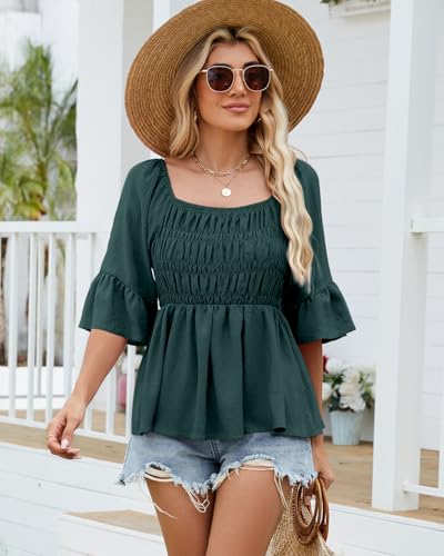 HEYTALALA Womens 3/4 Sleeve Tops Dressy Casual Square Neck Summer Peplum Blouses Ruffle Sleeve Babydoll Shirts 2025 Trendy4